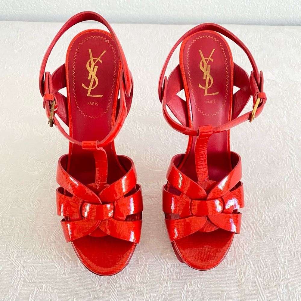 Saint Laurent coral red Tribute Patent Leather Platform Sandals - Picture 3 of 9